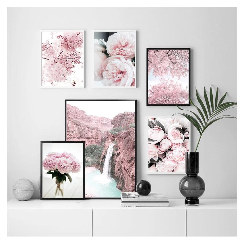 

Cherry Blossoms Peony Carnation Flower Mountain Nordic Posters And Prints Wall Art Canvas Painting Wall Pictures For Living Room