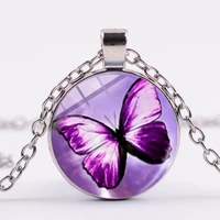 elegant purple butterfly art picture specimen pendant necklace handmade glass cabochon metal chain ketting necklace women