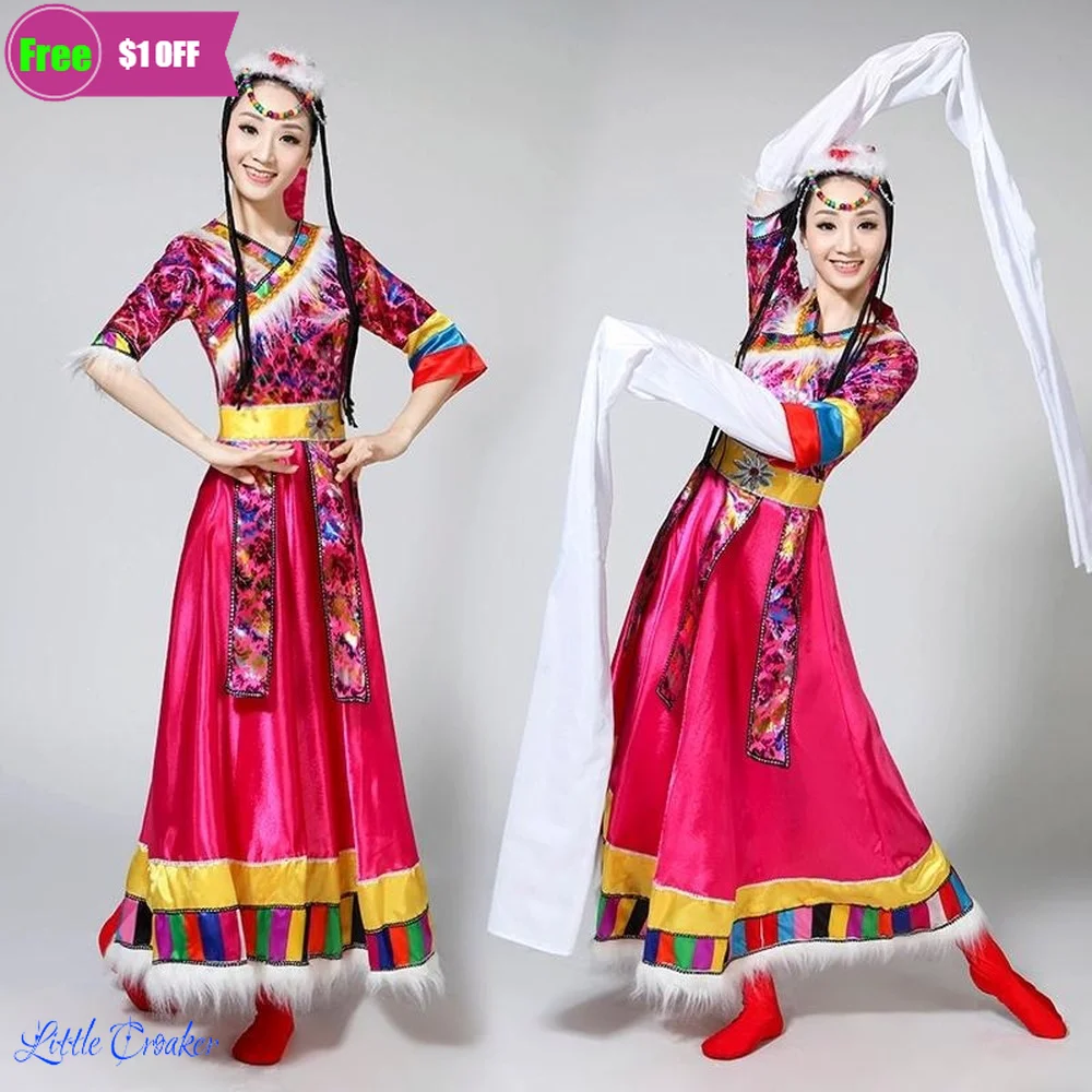 

Women Chinese Traditional Stage Performance Costume Tibetan Dance Clothing Woman Festival Water Sleeve Dress Glitter Rave Outfit