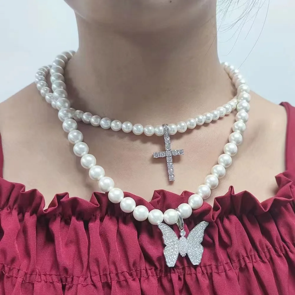 

2PCS Jewelry Set Pearl Necklace Crystal Cross&Butterfly Rhinestone Pendant Pearl Beads Chokers Necklaces Women Fashion Jewelry