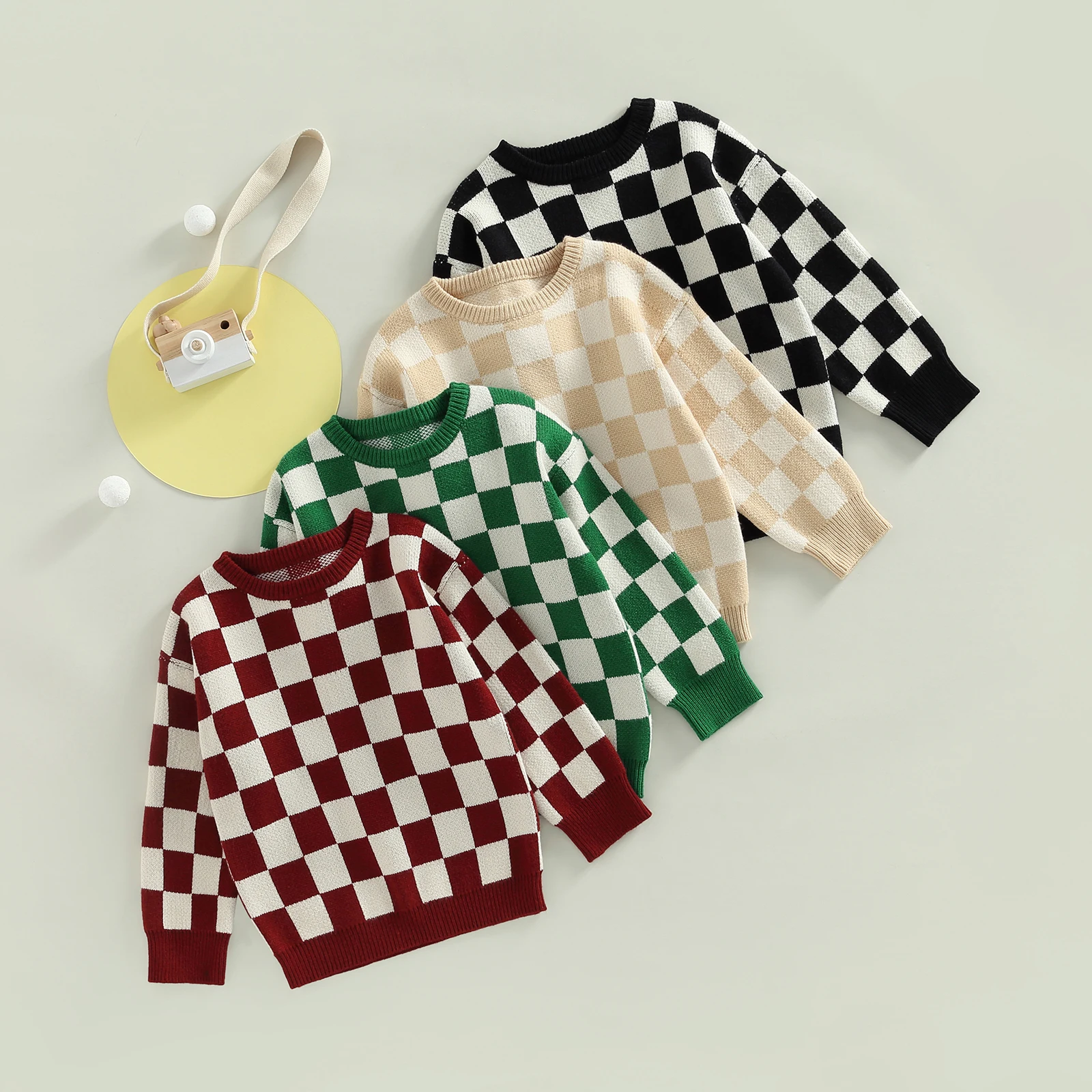 

Toddler Baby Girl Boy Knit Sweater Checkerboard Plaid Long Sleeve Crewneck Pullover Knitwear Warm Fall Winter Clothes