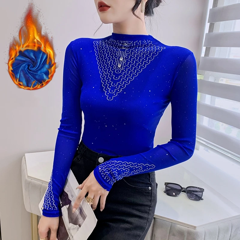 

Осенне-зимние пуловеры, одежда, Женская хлопковая футболка, шикарные пикантные сетчатые Топы в стиле пэчворк с ложным воротником и бриллиантами с флисовой вставкой, горячие футболки 02