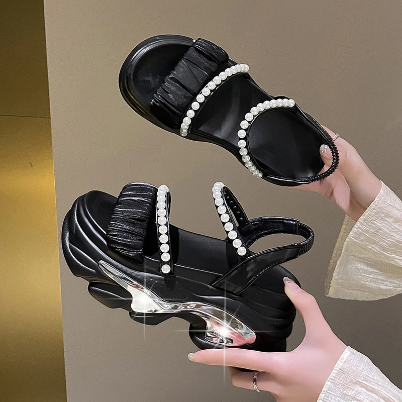 Fashion Pearl Ankle Strap Chunky Sandals Women New Summer Thick Platform Gladiator Sandals Woman 9CM Casual Thick Sole Slippers