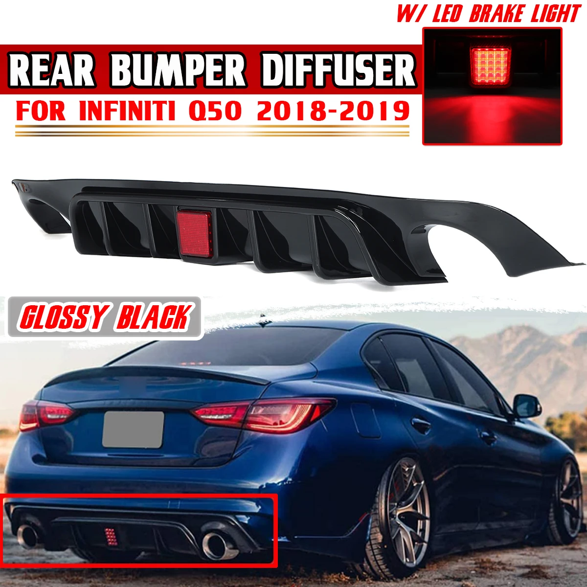 

Carbon Fiber Look/Black Car Rear Bumper Diffuser Fins W/ Led Brake Light Lamp For Infiniti Q50 2018-2019 Rear Diffuser Lip Cover