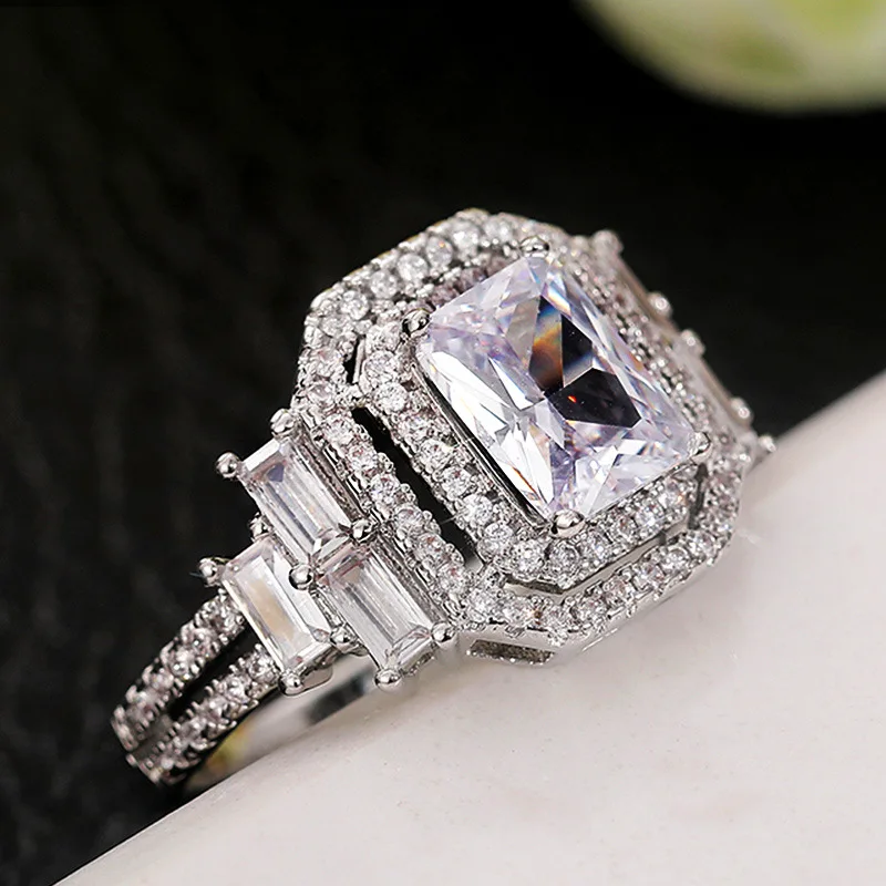 

Trendy Luxury Silver Color Women Wedding Rings Square AAA Cubic Zirconia Dazzling Promise Ring Engage Wedding Party Hot Jewelry