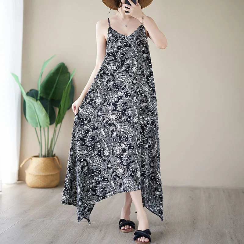 

#6594 Black Vintage Backless Sleeveless Spaghetti Straps Dress Loose V-neck Sexy Asymmetrical Camisole A-line Dress Women Thin