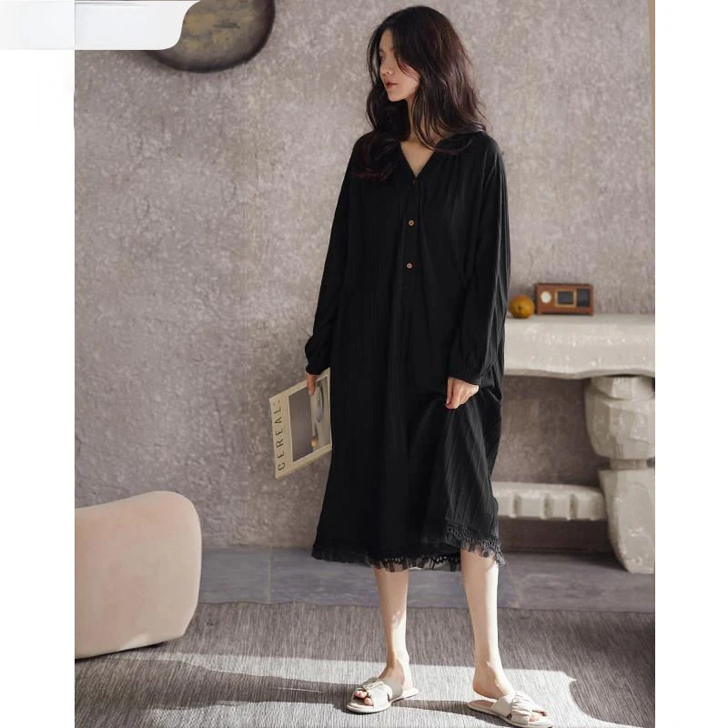 

Women' Nightdress Summer Cotton V-Neck Lace Single-Breasted Midi Nightgowns Sleepwear Female Long-Sleeved Nighties Dresses 2022
