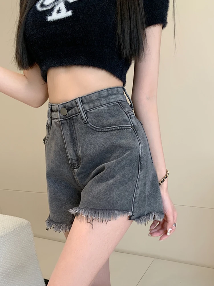 Summer Women Retro Raw Hem Loose Denim Shorts Streetwear Female High Waist Button Asymmetrical Jeans Shorts Bottoms