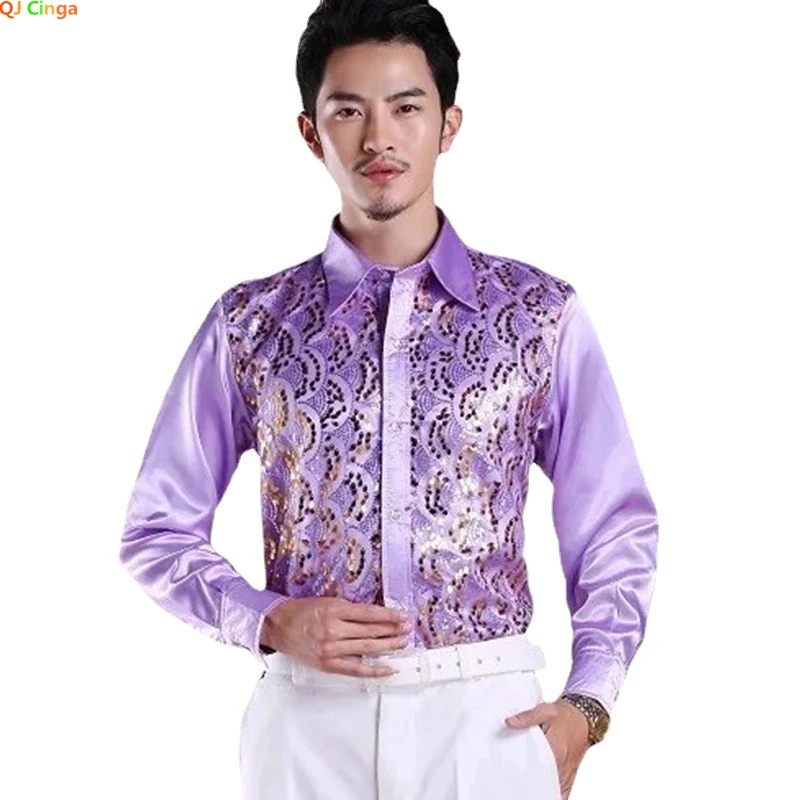 

Performance Dress Shirts Men's Single-breasted Square Collar Sequin Shirt Gold Red Purple Blue White Camisa Male Chemise