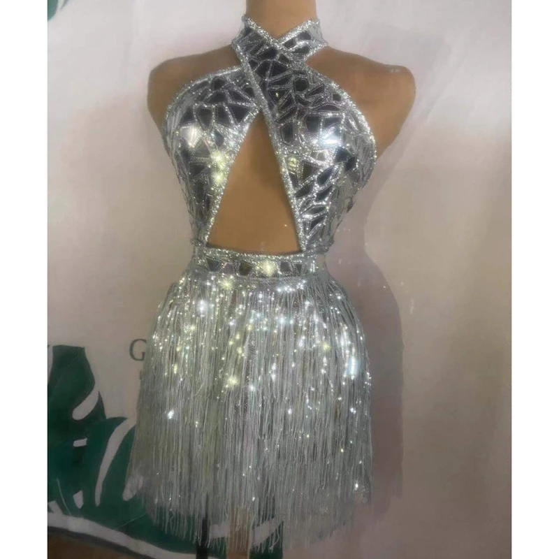 

Sparkly Silver Sequin Fringe Short Dress 2 PCS Set Women Birthday Dress Sexy Backless Nightclub Outfit Dance Costume Stage Wear