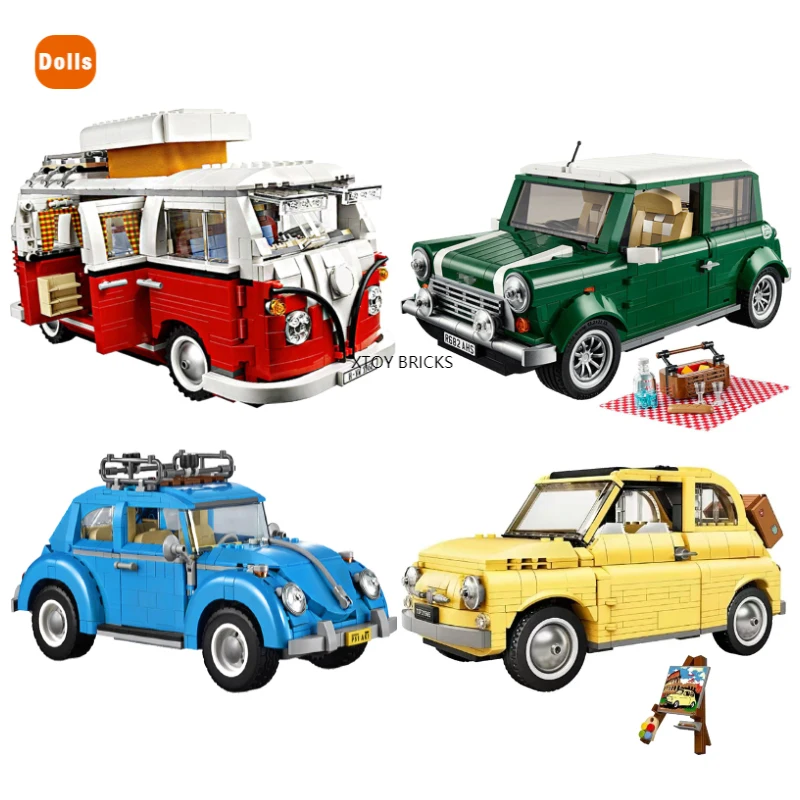 

New Technic FIATed 500 VW Volkswagen T1 Camper Car Van 10220 10271 10252 Model Building Blocks for Mini Cooper Car Brick Toys