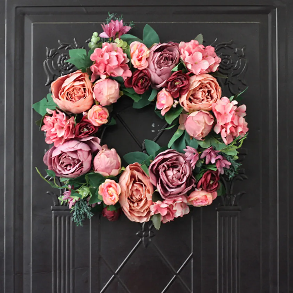 

40cm Door Wreath Large Garland Artificial Peony Flower Wreath Wall Hanging Front Door Wreaths Home Decoration Farmhouse Decor