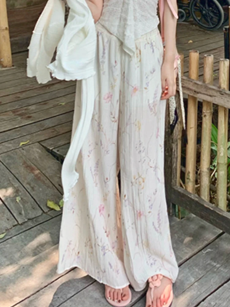 Белые элегантные широкие брюки женские французские милые мешковатые с цветочным