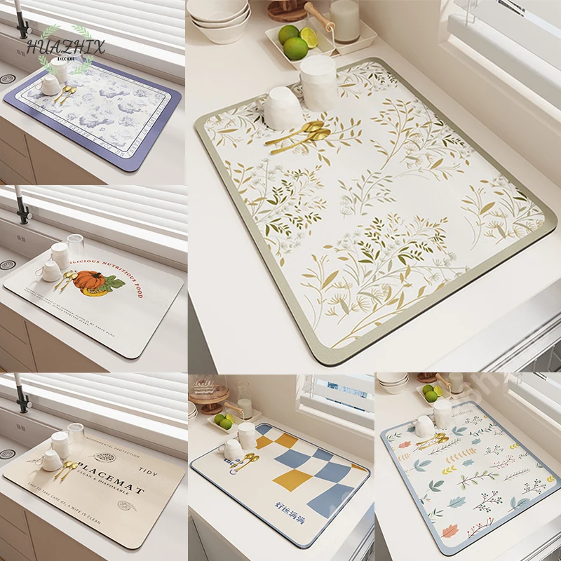 

Kitchen Flower Print Drain Pad Super Absorbent Dish Drying Mat Quick Dry Tableware Coffee Cups Mats Home Table Accessories Decor