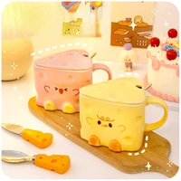 cute cheese mug female ins style ceramic water cup with cover creative high value niche design breakfast cup birthday gift