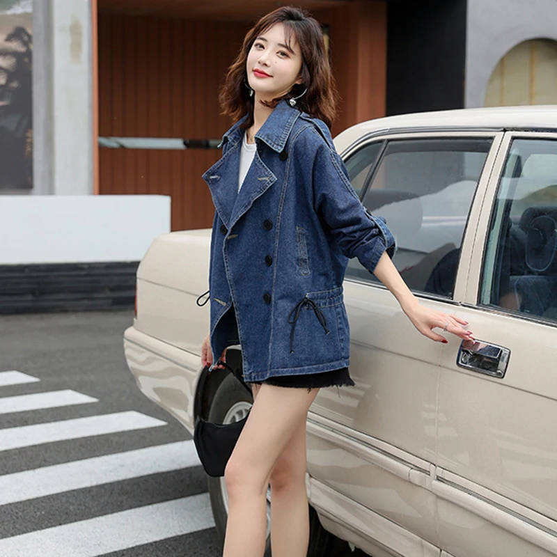 Spring Oversize Jeans Women Poncho Vintage Denim Long Sleeve Basic Coat Female Pocket Jacket images - 6