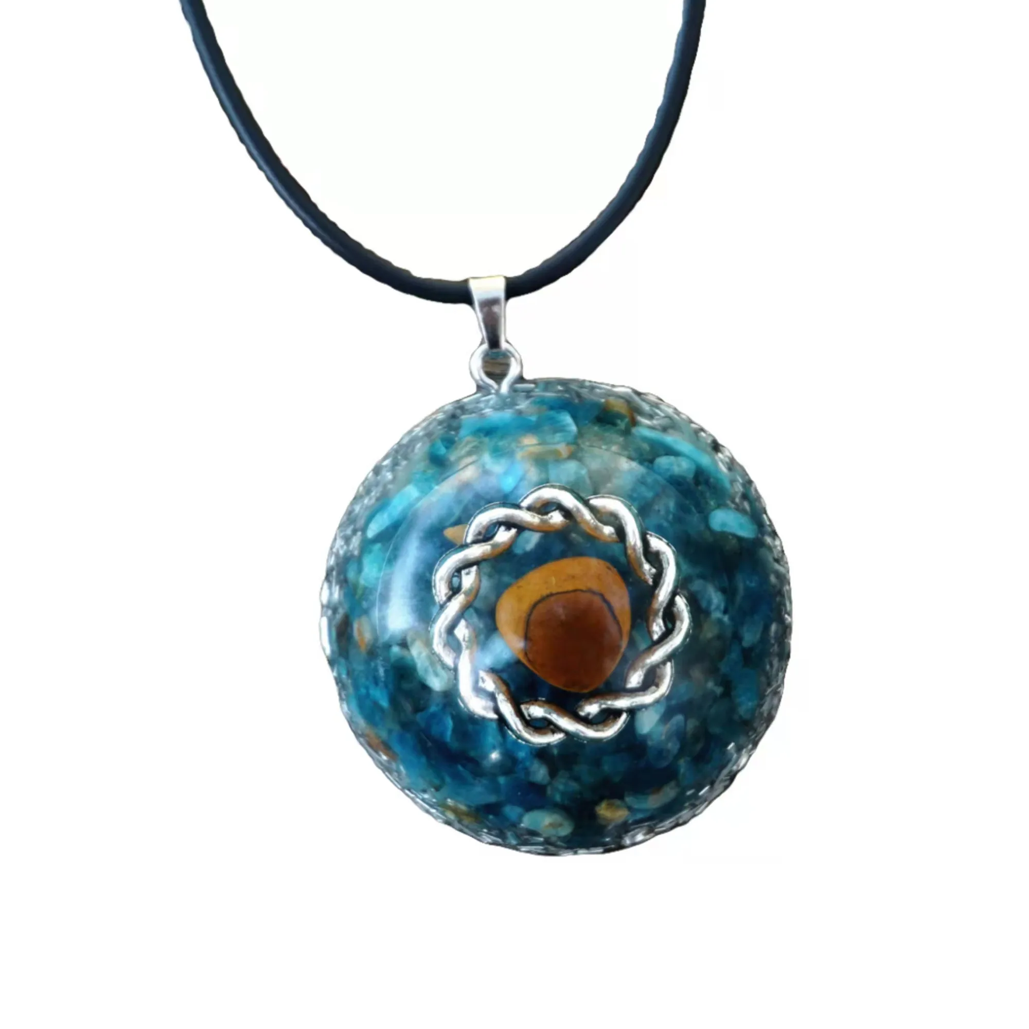 Handmade Orgone Pendant Necklace Blue Apatite & Tiger Eye Crystal Mineral Stone Aluminum Shavings EMF Protection Orgonite