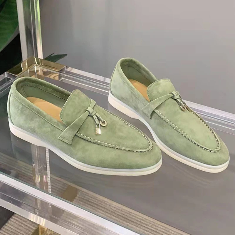 Luxury Women Moccasin Flat Shoes Summer Walk Shoes Cow Suede Metal Lock Slip-on Lazy Loafers Casual Popular Mules Driving Shoes