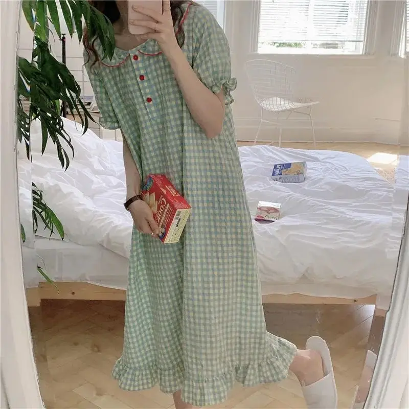 Yasuk Spring Summer Fashion Women's Casual Girl Print Plaid Lovely Pullover Sleepwear Pajamas Set With Skirt Nightdress