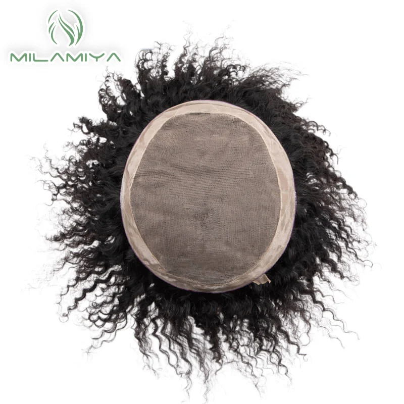 Men Toupee Human Hair Deep Curly Black Mono Hair System Unit for Men Durable Male Hair Prosthesis 100% Human Hair Men's Wig