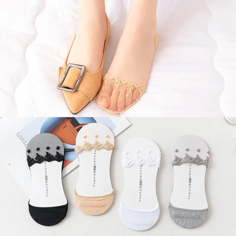 

Fashion Cotton Invisible Anti-slip Ankle Socks Lace Socks Women Invisible Socks Girls No Show Socks Non-slip Woman Socks 5 Pair