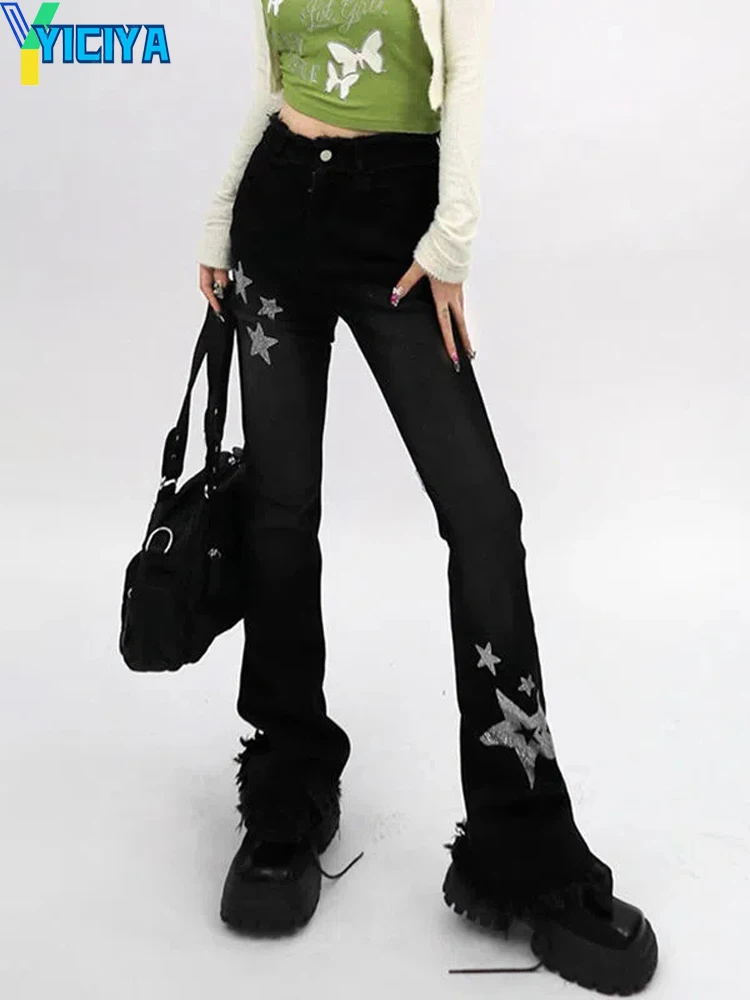 YICIYA Long PANTS Black Jeans American Y2k Star Print Flare Pants Oversize Boot Cut Winter Vintage Jean Trousers Women Clothes