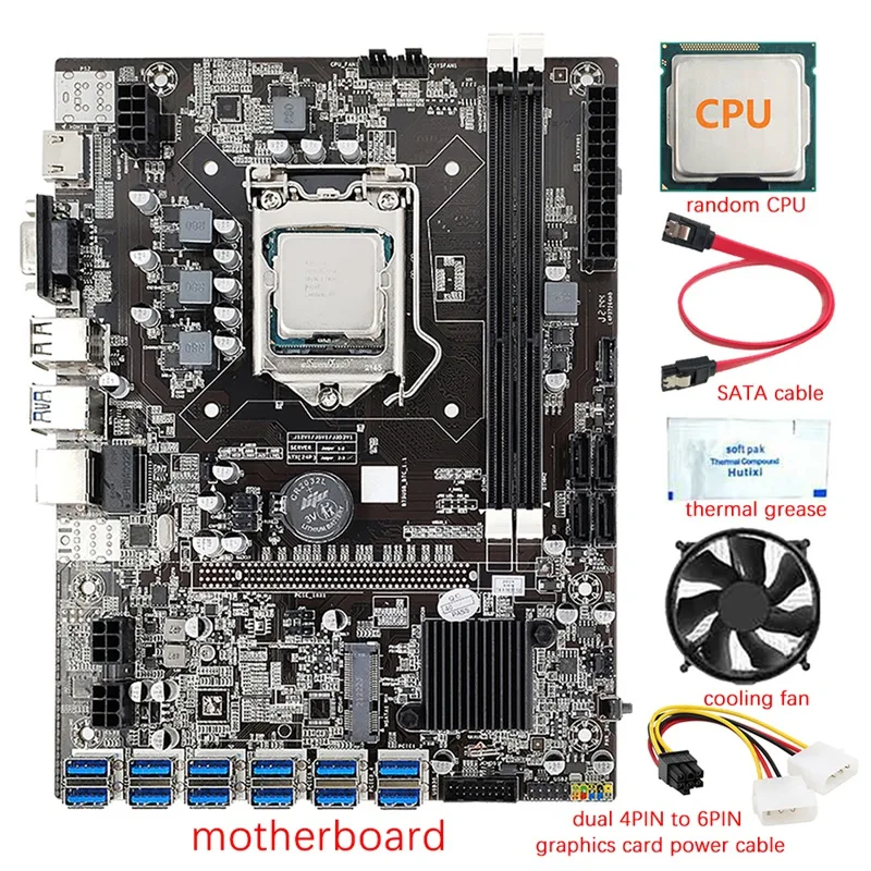 

12 GPU B75 Mining Motherboard+CPU+Fan+Thermal Grease+Power Line+SATA Line 12X USB3.0(PCIE) Slot LGA1155 DDR3 RAM SATA3.0