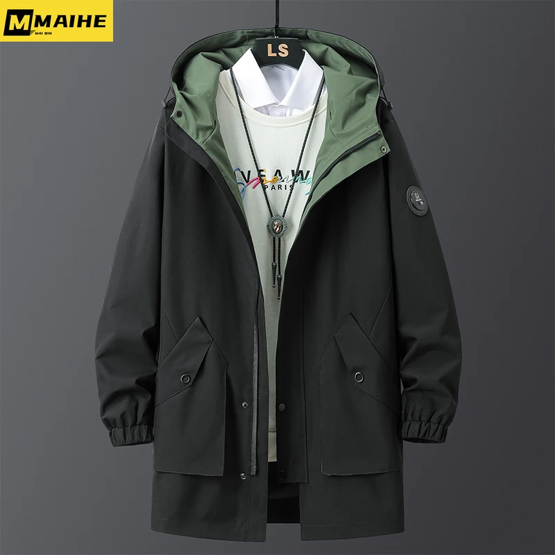 

2022 Spring New Men Windbreaker Long Trench Coat Black Green Fashion Letter Plus Size Hooded Zipper Overcoat Casual Jackets 8XL