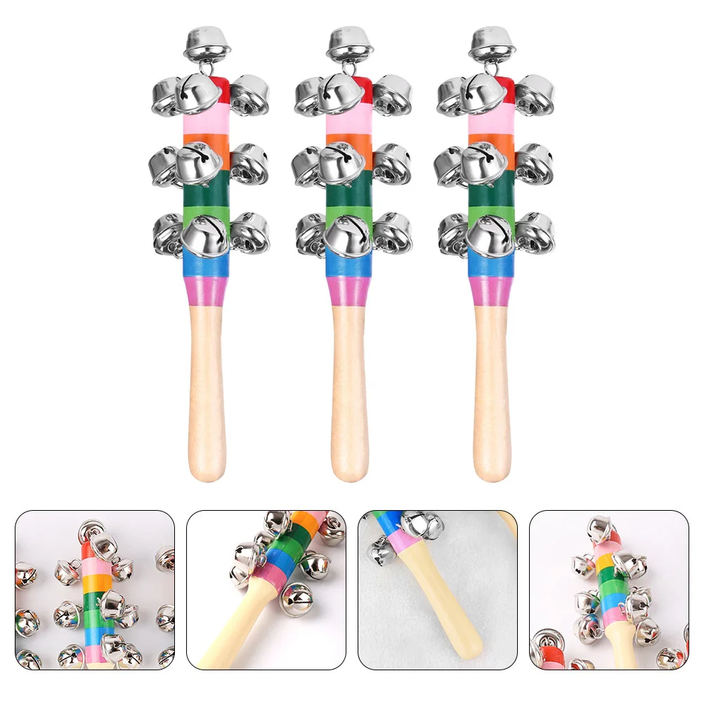 

3Pcs Kids Wooden Rainbow Jingle Handbell Funny Handle Bells Educational