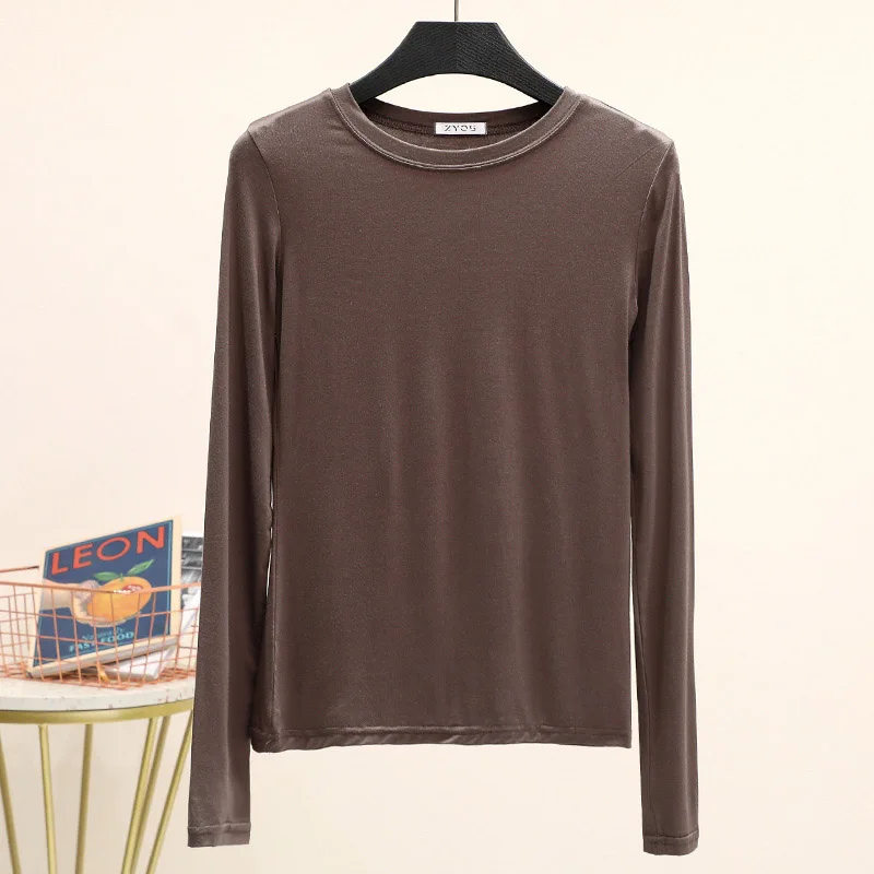

Однотонная Базовая футболка из модала с круглым вырезом и длинными рукавами, Женская Осенняя футболка, Топы, подходящая ко всему футболка, нательная рубашка