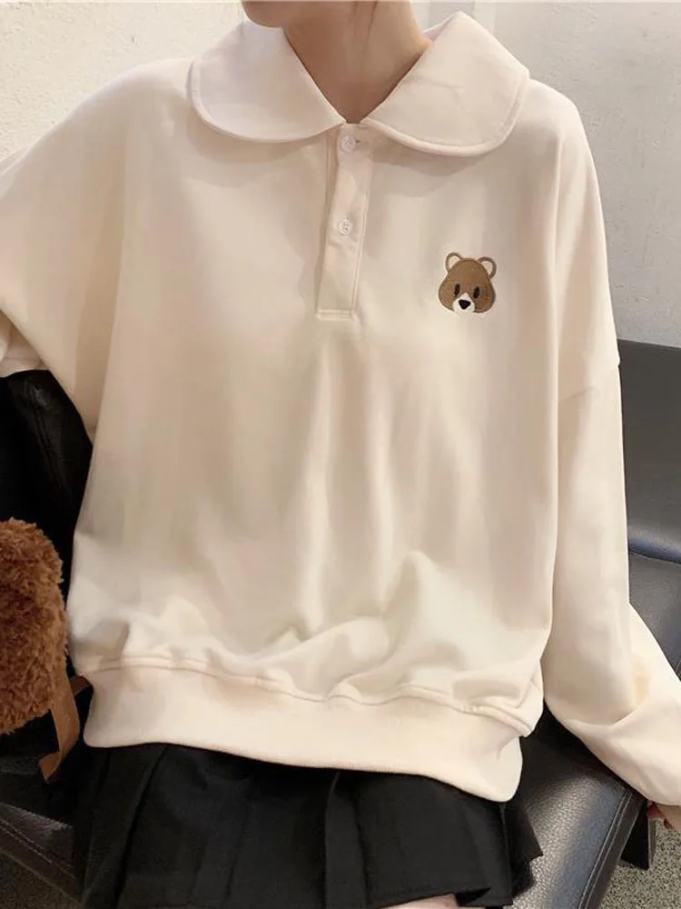 

Autumn Kawaii Bear Embroidery Polo Sweatshirt 2022 Japanese Sweet Preppy Style Hoodie Women Tops Cute Clothes Alt Kpop Sweats