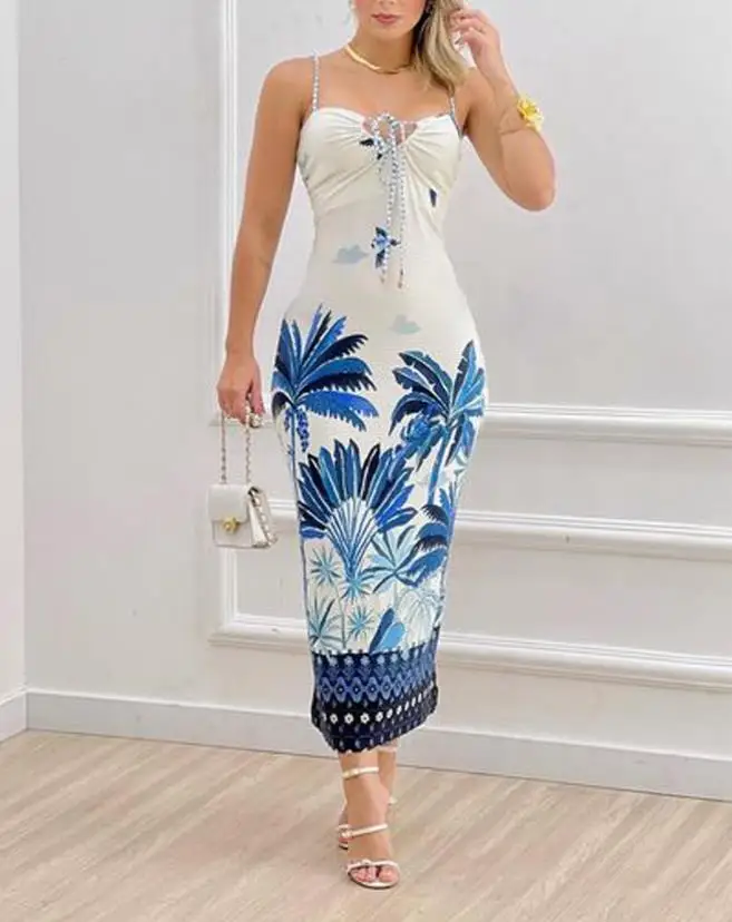 

2023 Bohemian Casual Dress Summer Women's V-Neck Sexy Off-Shoulder Women's Spaghetti Straps Tropical Print Dress