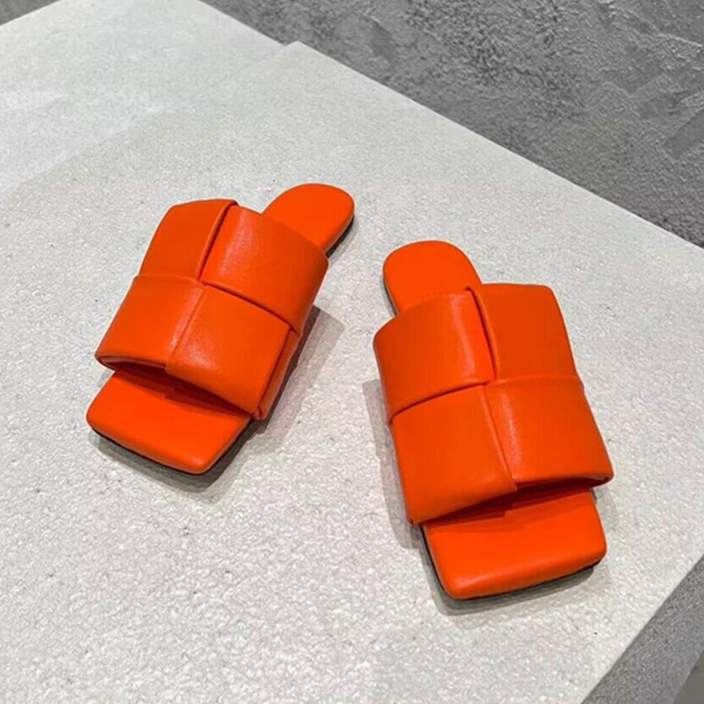 New Summer Slippers Square Toe Flat Woven Fashion Sandals Weave Monochrome Ladies Outdoor Holiday Casual Shoes Big Size 43