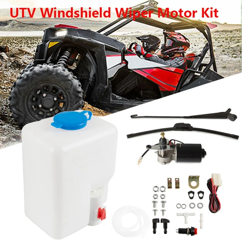 Universal 12V Electric Windshield Wiper Washer Pump Kit with Spray Bottle for Polaris Ranger RZR Kawasaki Honda Pioneer Can-Am
