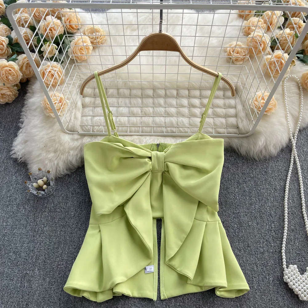 

Women's Hot Sweet Blended Bow Camis Korean Style Solid Ruffles Crop Top Summer Elegant Irregularity Vent Back Zipper Tank Tops