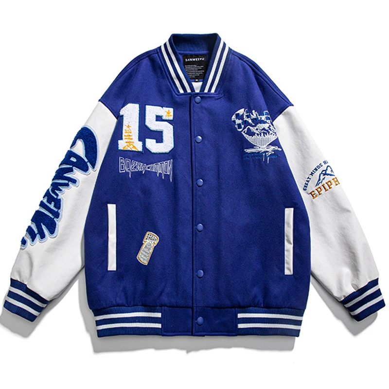 

High Street Baseball Jacket Men Flocked Embroidered PU Leather Sleeves Varsity Jackets Harajuku College Oversized Coat Women New