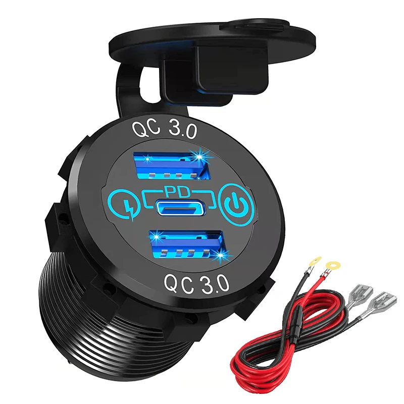 

12V/24V Triple USB C Car Charger Socket USB Outlets 30W PD & 18W QC3.0 Aluminum Metal Car Socket Adapter with Touch Switch