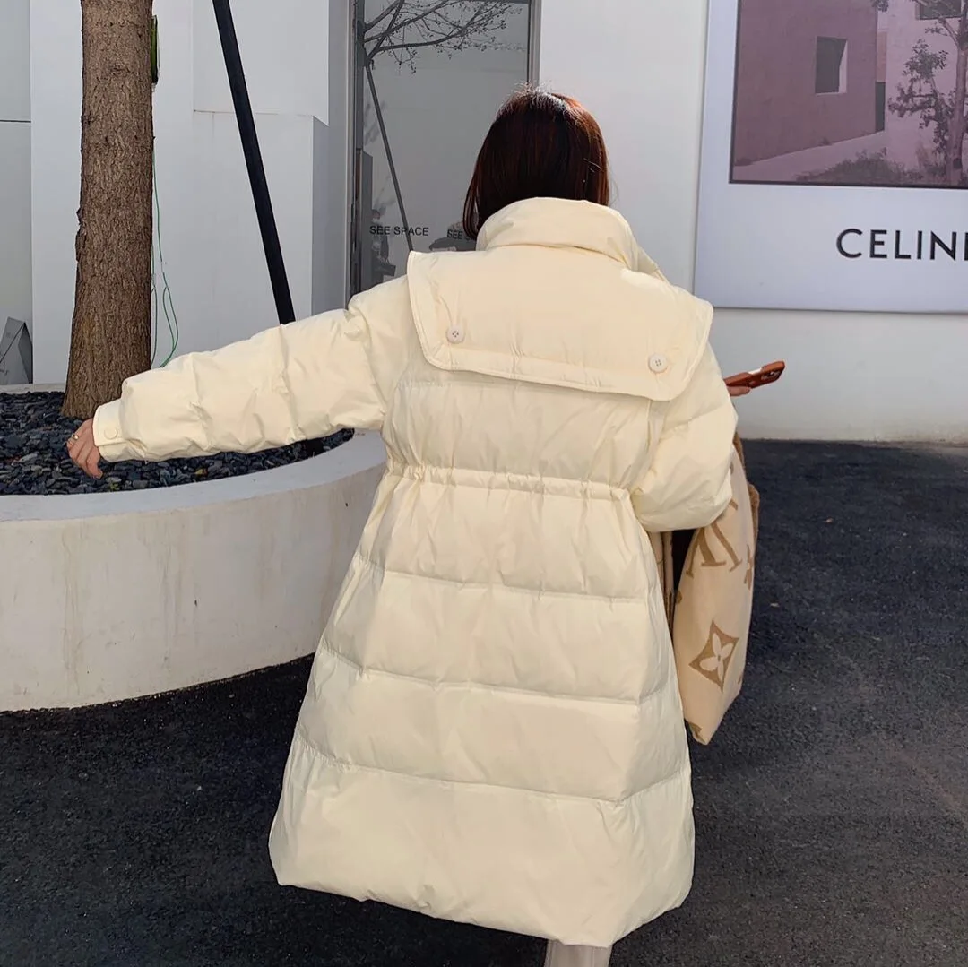 New Down Jacket Women's Mid-length Section Navy Collar Design Sense Cotton Jacket White Duck Down Thicker Knee-length Jacket