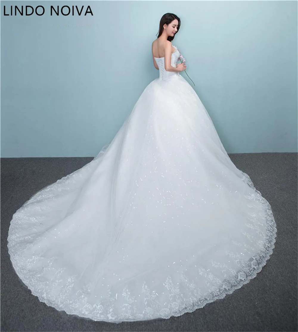 

New Luxury Beading Brush Train Lace Up Wedding Dress Sexy Strapless Applique Customized Plus Size Bridal Gown Vestido De Noiva