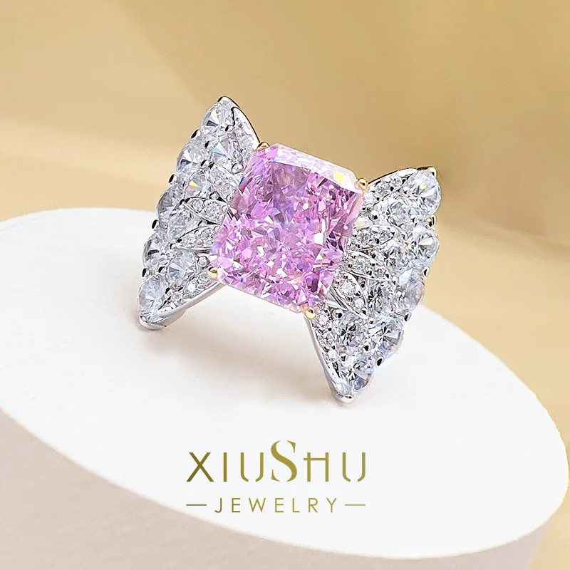 

High Setting Broken Ice Cut Artificial Powder Diamond Bow Ring Seiko Fashion Personality Cute Index Finger 925 Sterling Silver