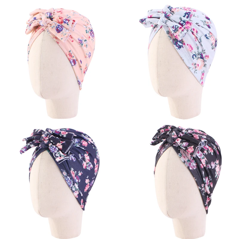 

Cotton Newborn Baby Triple Knot Turban Hats Warm Printed Indian Cap Bow Knot Baby Girls Cap Elastic Soft Bonnet Beanie Headwear