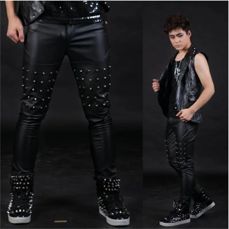 Black fashion rivet leather pants men hip-hop 1 pants man singer stage leather trousers splice mens pants Provide custom