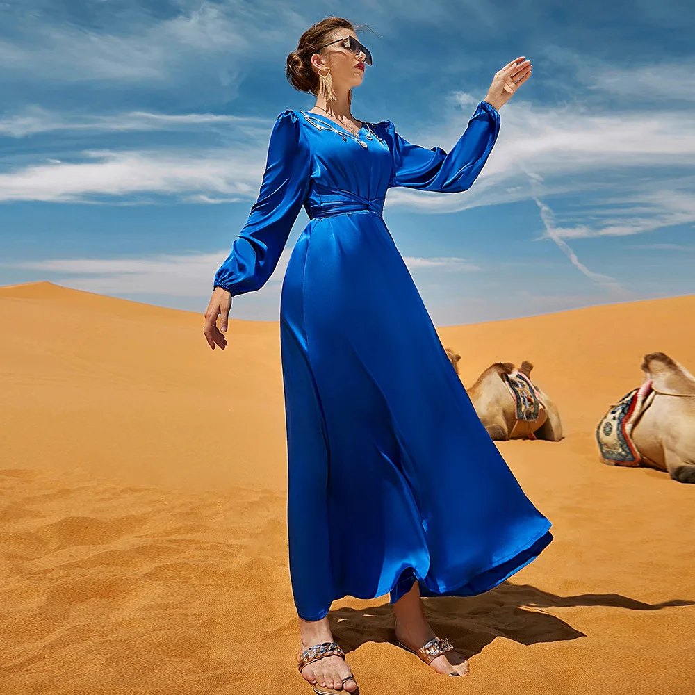 Muslim Fashion  For Women Islam Dubai Travel Muslim Dresses Long Skirt Even Dress Abayas Ramadan Costumes Satin Abayat Autumn