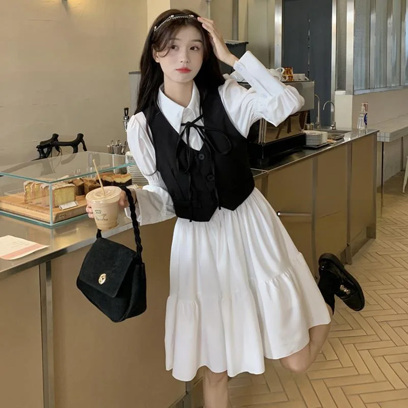 

CGC Korean Style Lolita Vintage Dresses For Women Summer Long Sleeve White Midi Dress Kawaii Preppy Female Clothing Vestidos