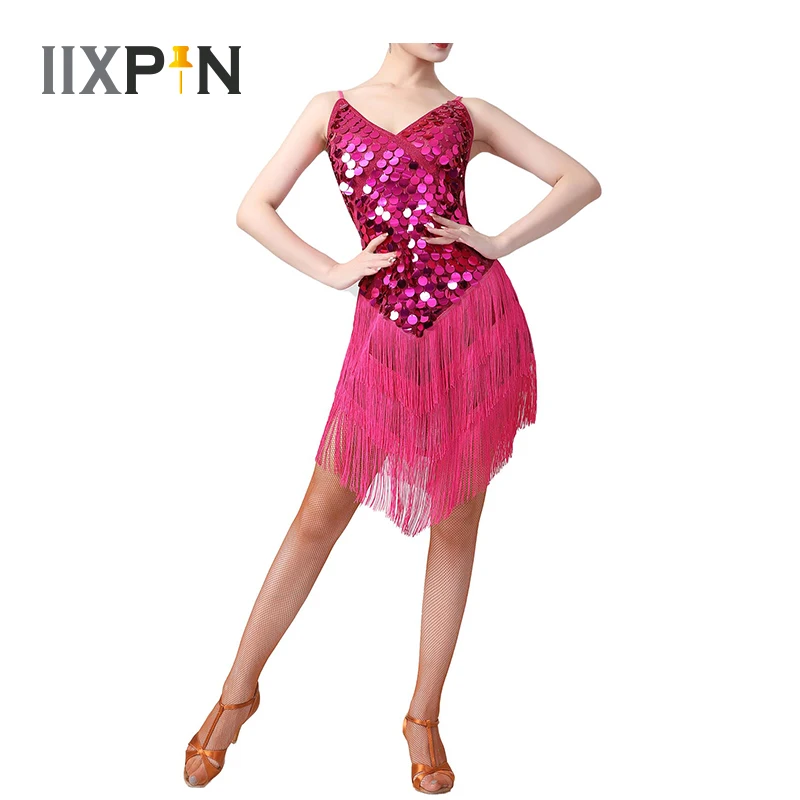 

Women Shiny Sequins Fringed Dance Dress Sleeveless Tassel Latin Dress Rumba Samba Tango Dance Wear Stage Performance Costume