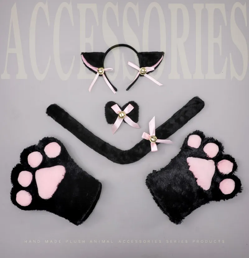 Купи Lolita Cosplay Cat Ears Headband Plush Ear Bell Headband Bowknot Collar Choker Tail Paws Gloves Women Lady Cat Costume Set за 559 рублей в магазине AliExpress