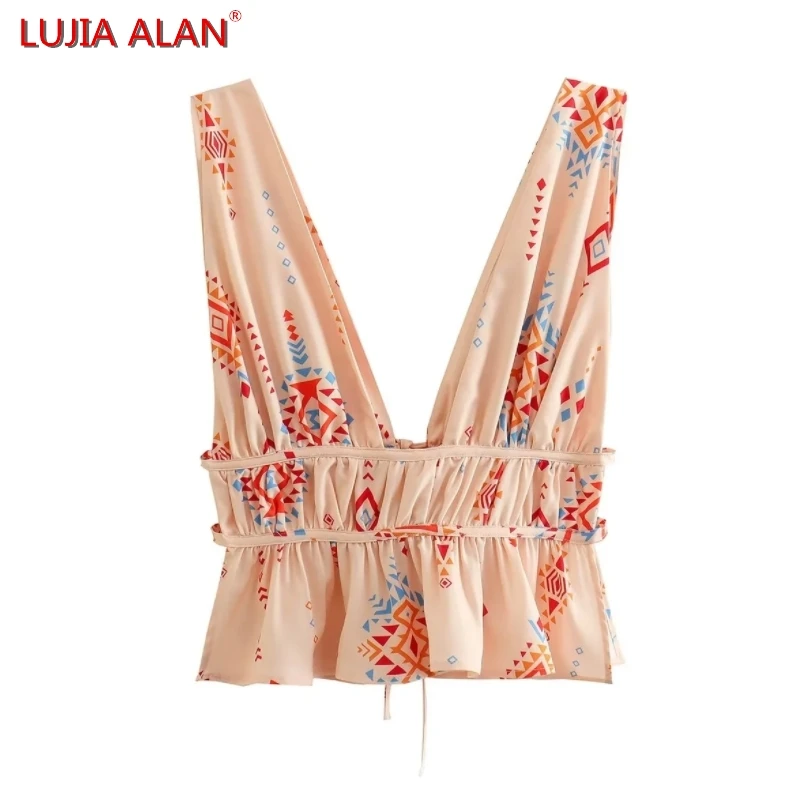 

Autumn New Women Deep V-neck Printed Short Blouse Female Camisole Shirt Casual Side Slit Crop Tops LUJIA ALAN B2192