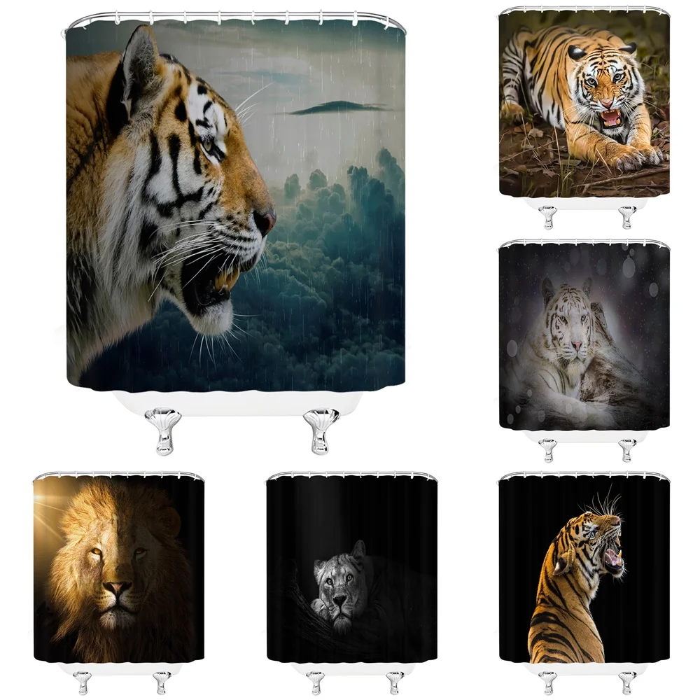 

Tiger Lion Shower Curtain Bathroom Decor Jungle Forest Animal Tropical Rainforest Landscape Bath Curtains Fabric Sets with Hooks
