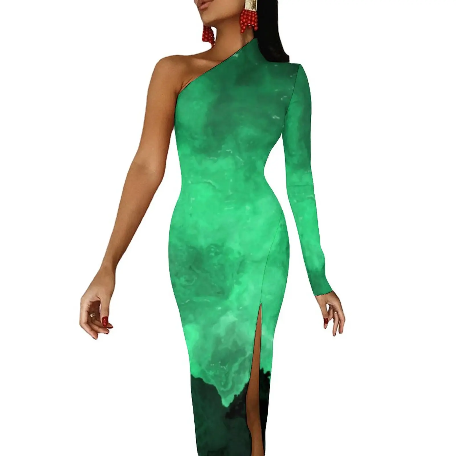 

Облегающее платье Green Mountain, Осеннее элегантное платье с абстрактным мраморным принтом, длинное платье с разрезом сбоку, уличное платье с узором на одно плечо