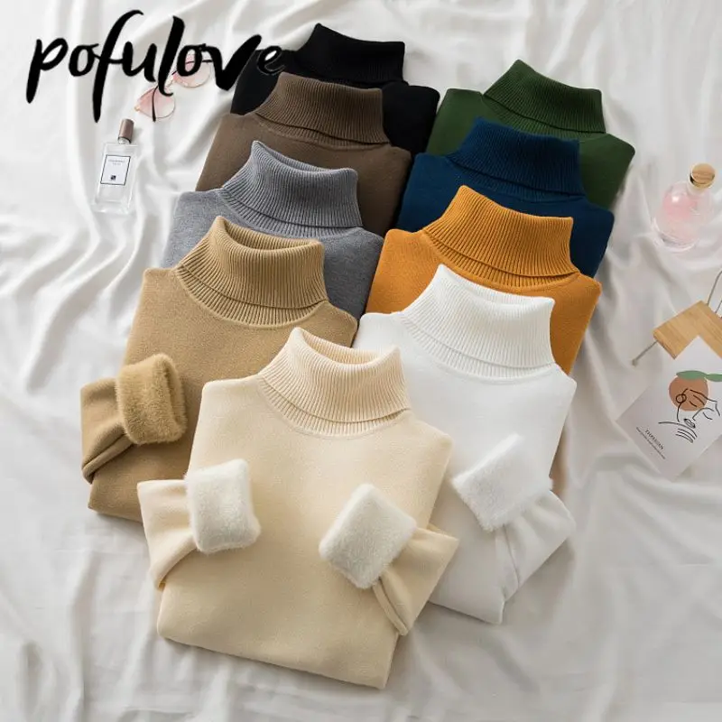 

Turtleneck Sweater Women's Korean Knitwear Plus Velvet Thick Sweater Warm Pullover Mink Knitted Sweater Jumper Dropshipping